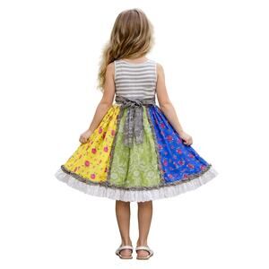 Mustard Pie Girls Size 8 Dress Floral Panels Lace Stripes Green Blue Yellow